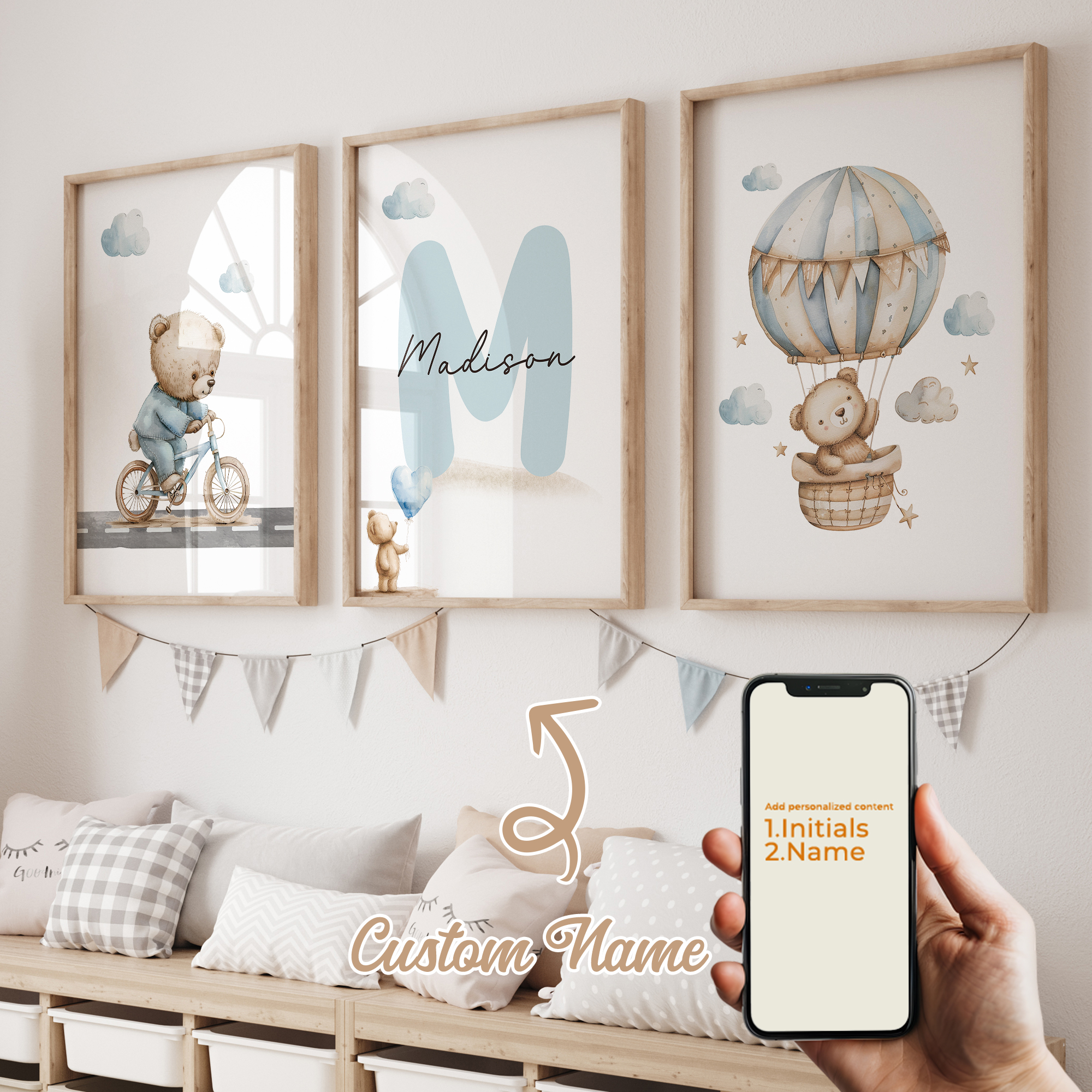 Photography Image - 3pcs Personalized Name Blue Bear Wall